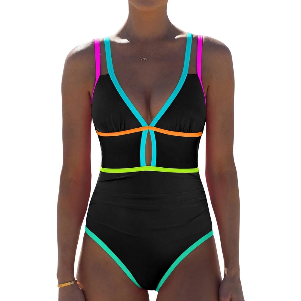 NWT Popvil Neon Color Block One Piece Swimsuit Tummy Control Cutout Large